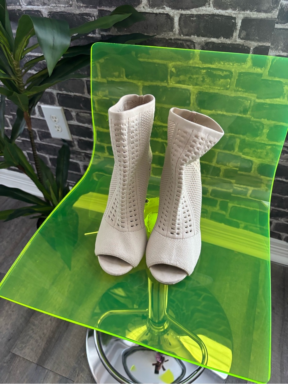 Neutral Beige Peep-Toe Knit Ankle Heels - Women's